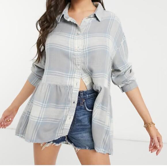 American Eagle Womens Oversize Plaid Baby Doll Button Down Shirt Medium Gray - Picture 15 of 16
